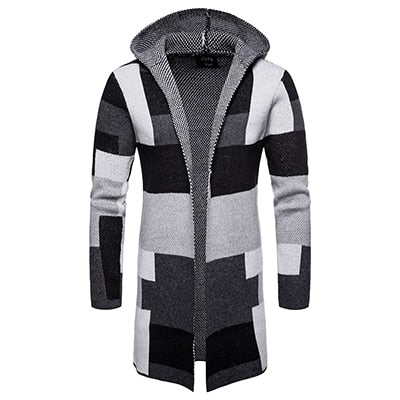 Plaid Thick Slim Hooded Knitted Style Men Cardigan