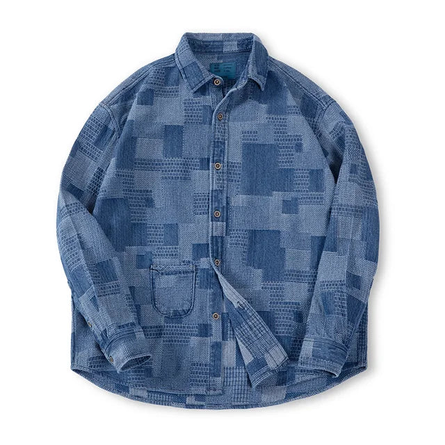 Retro Jacquard Patchwork Denim Shirt