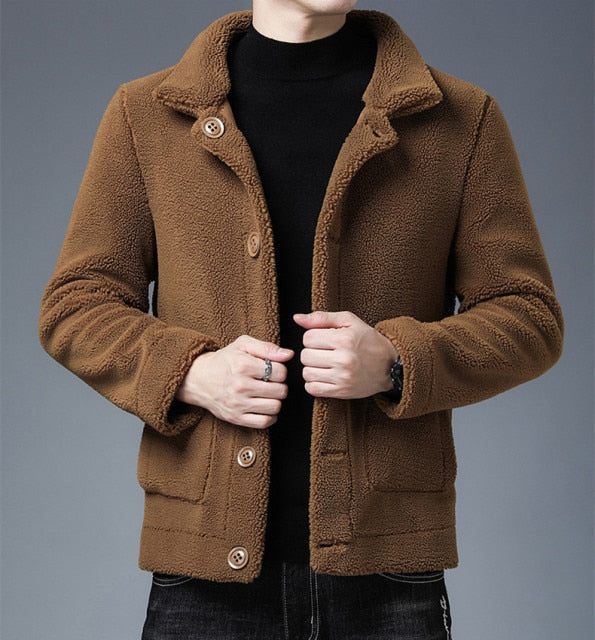 Warm Solid Brown Button Turn-Down Collar Male Coat