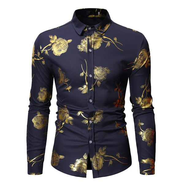 Luxury Gold Floral Bronzing Print Men Dress Shirt