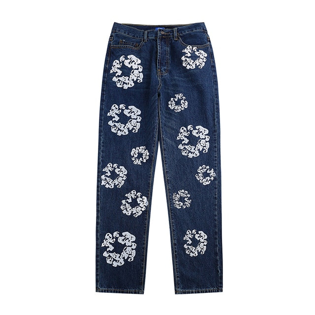 Flower White Printed Straight Jeans