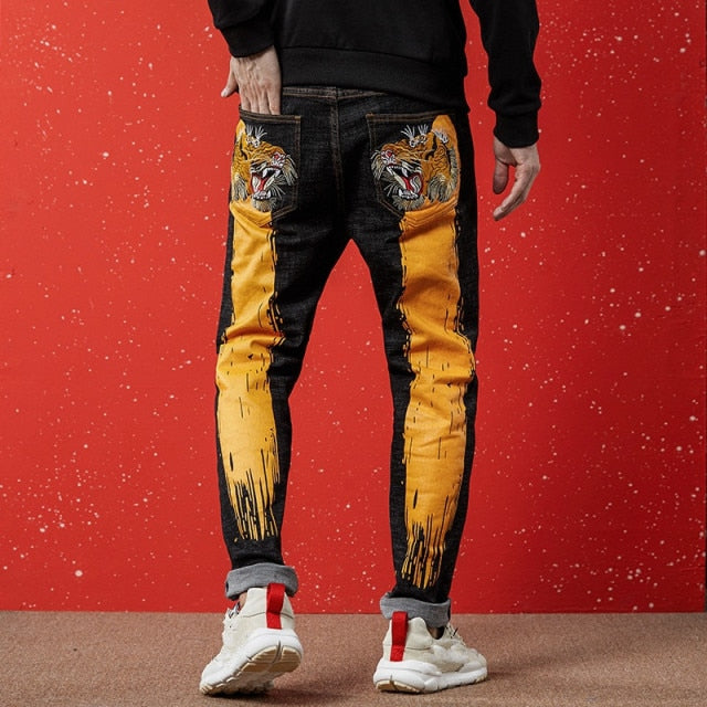 Growling Tiger Heads Embroidery Regular Jeans