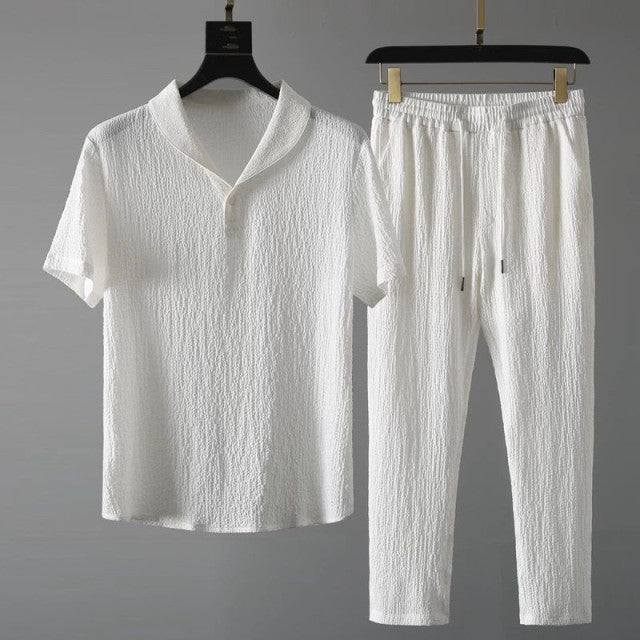 Solid V-Neck Polyester Pants Set