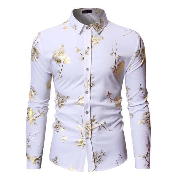 Luxury Gold Floral Bronzing Print Men Dress Shirt