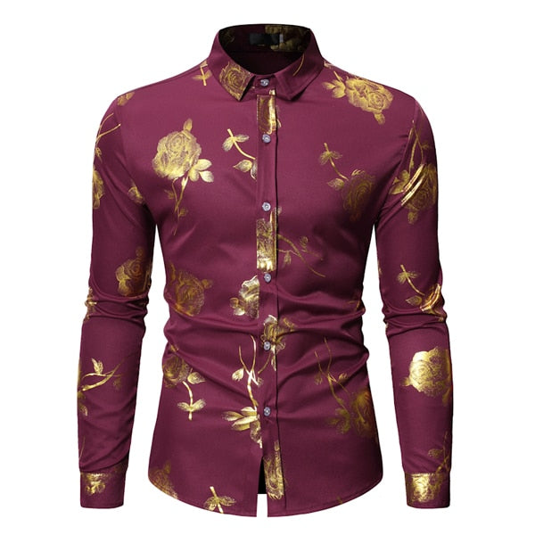 Luxury Gold Floral Bronzing Print Men Dress Shirt