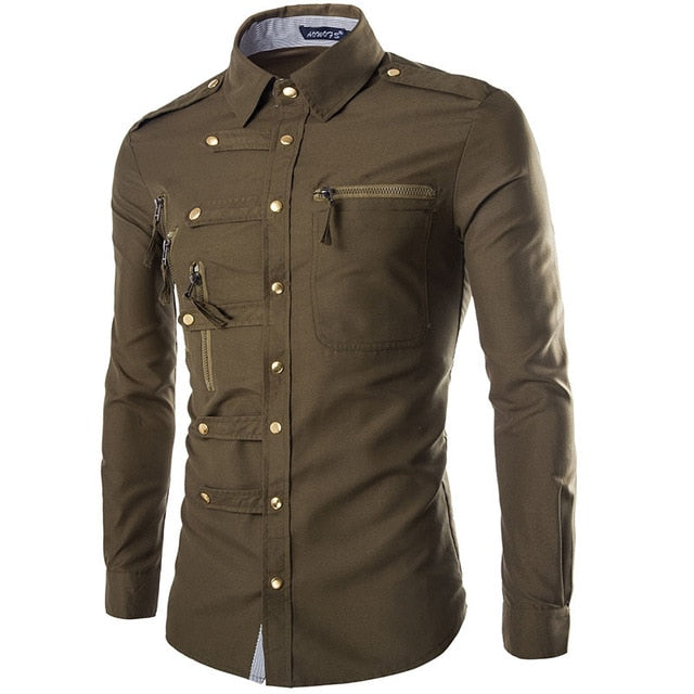 Casual Multi Buttons with Zipper Pocket Detail Men Long Sleeve Shirt - FanFreakz
