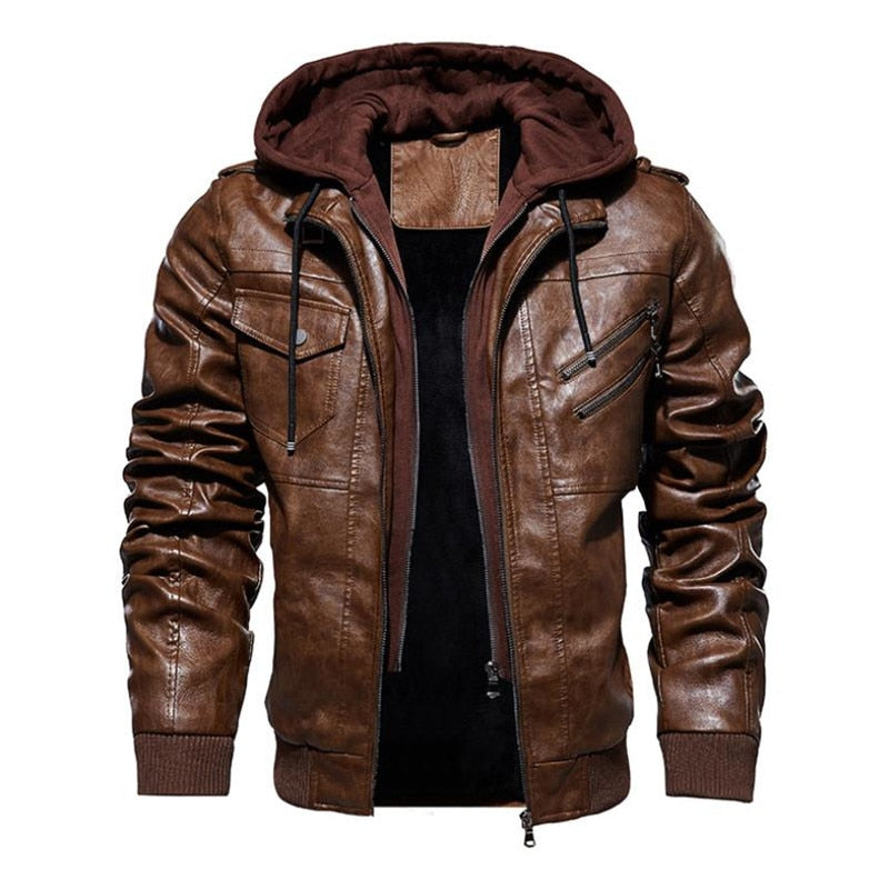 PU Leather Solid Color Zipper Closure Hoodie