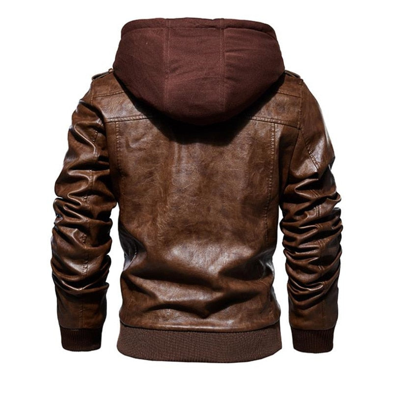 PU Leather Solid Color Zipper Closure Hoodie