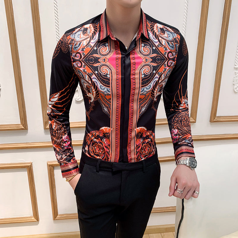 Vintage Twirl and Geometric Print Long Sleeves Slim Fit Style Men Shirts